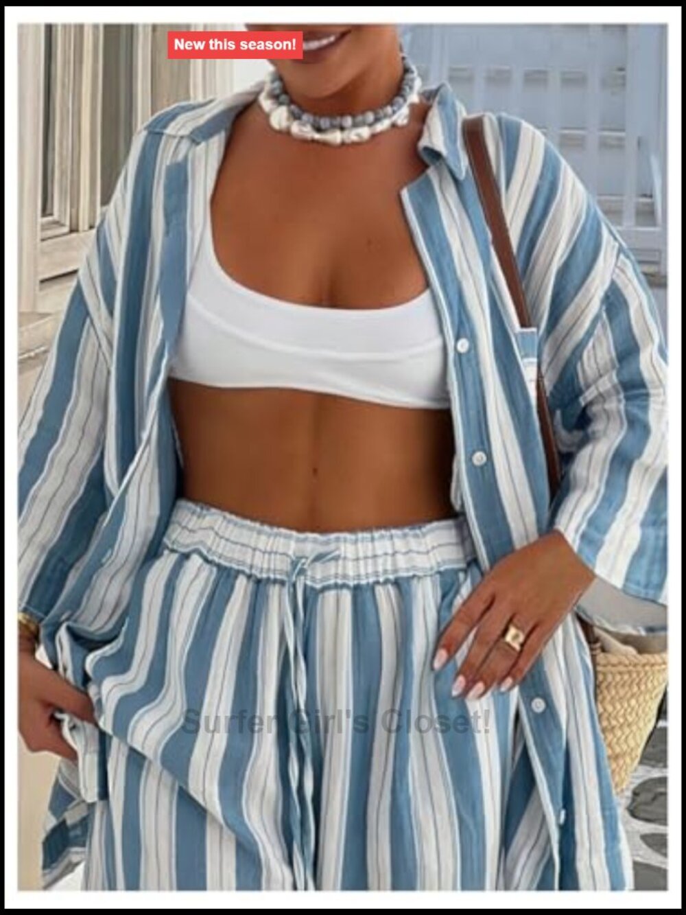 Striped Two Piece Pant Set Long Sleeve Button Down Blouse and Drawstring Waist - Picture 3 of 6